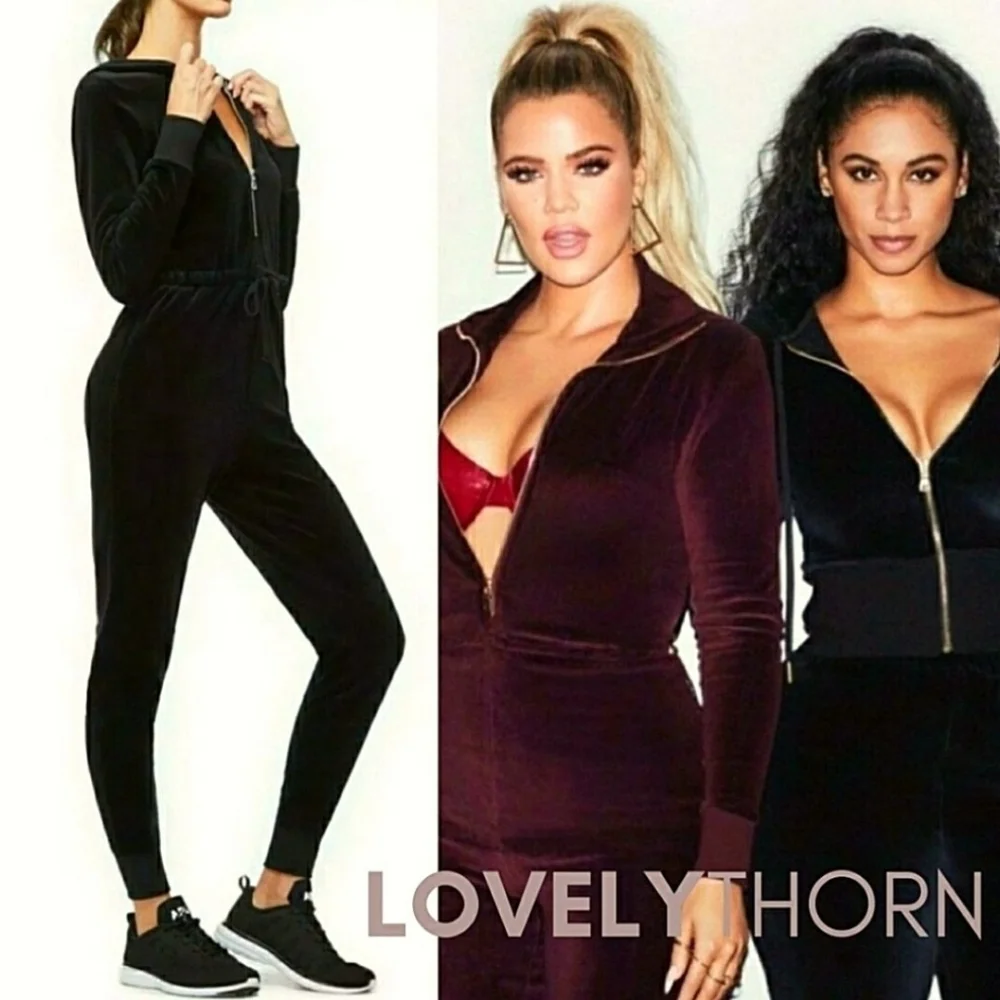 GOOD AMERICAN // ltd ed black velour long sleeve hooded full zip jumpsuit